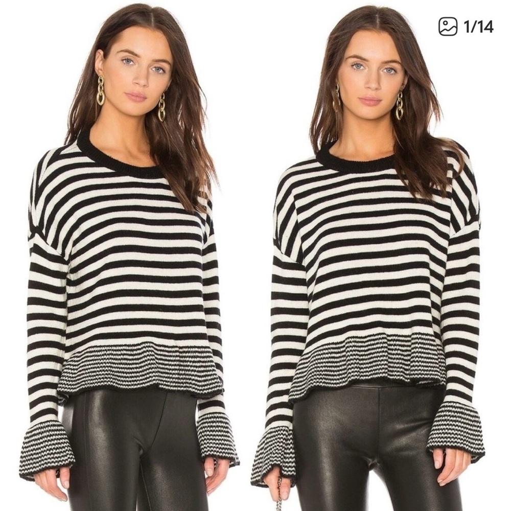CINQ A SEPT Wool Blend Relaxed Fit Dropped Shoulder Striped Seren Sweater, Small